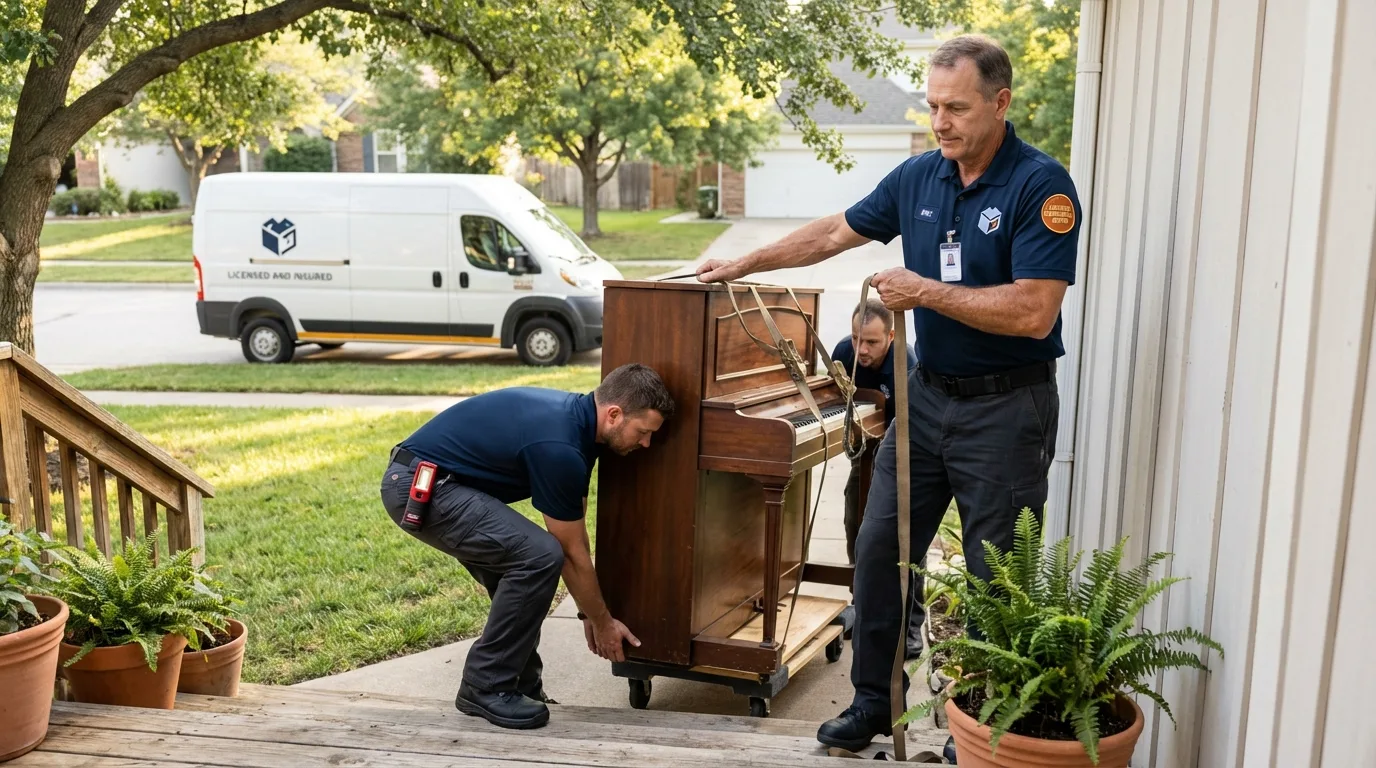 Licensed piano movers securing grand piano in Brightwood, VA