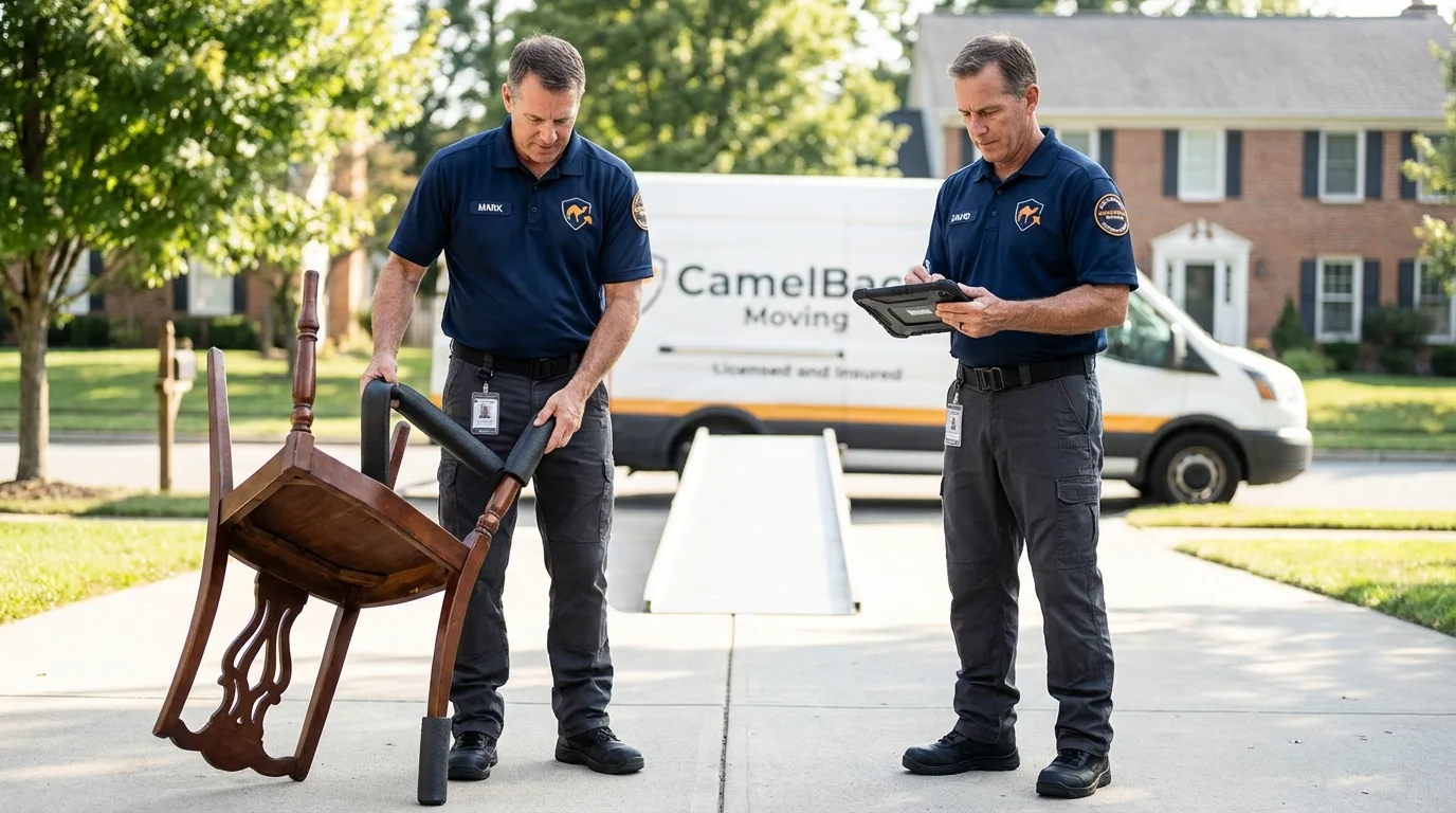 Movers inspecting furniture for damage prevention before loading in Brightwood, VA