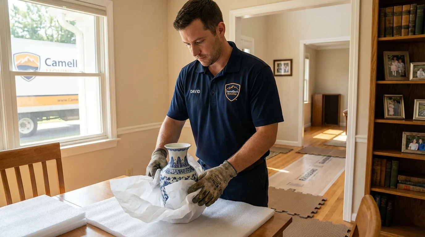 Professional crew carefully wrapping antique vase for senior downsizing move in Brightwood, VA